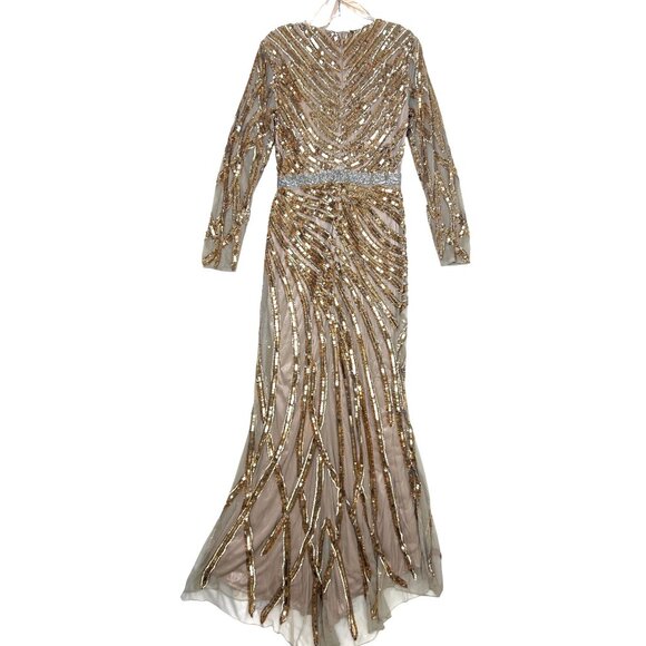 Mac Duggal Gold Copper Evening Gown V-Neck Sequins Long Sleeve Wedding Formal - Picture 6 of 15